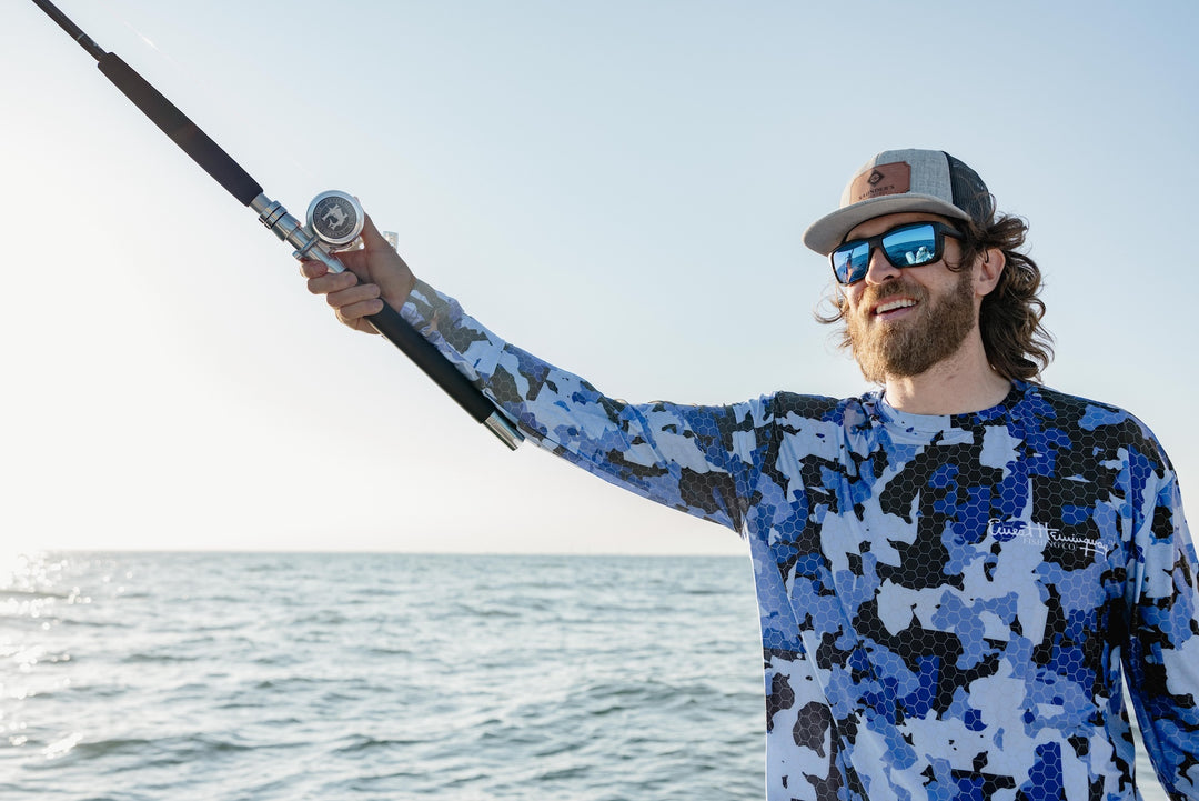 blue camo fishing pole Fiblink 1 Piece Offshore Trolling Rods Fishermans Warehouse pastic casting plug Blue Camo Crew Neck Long