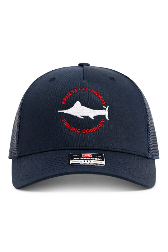 Ernest Hemingway Fishing Cap, a Richardson five panel trucker with mesh back and circle marlin logo