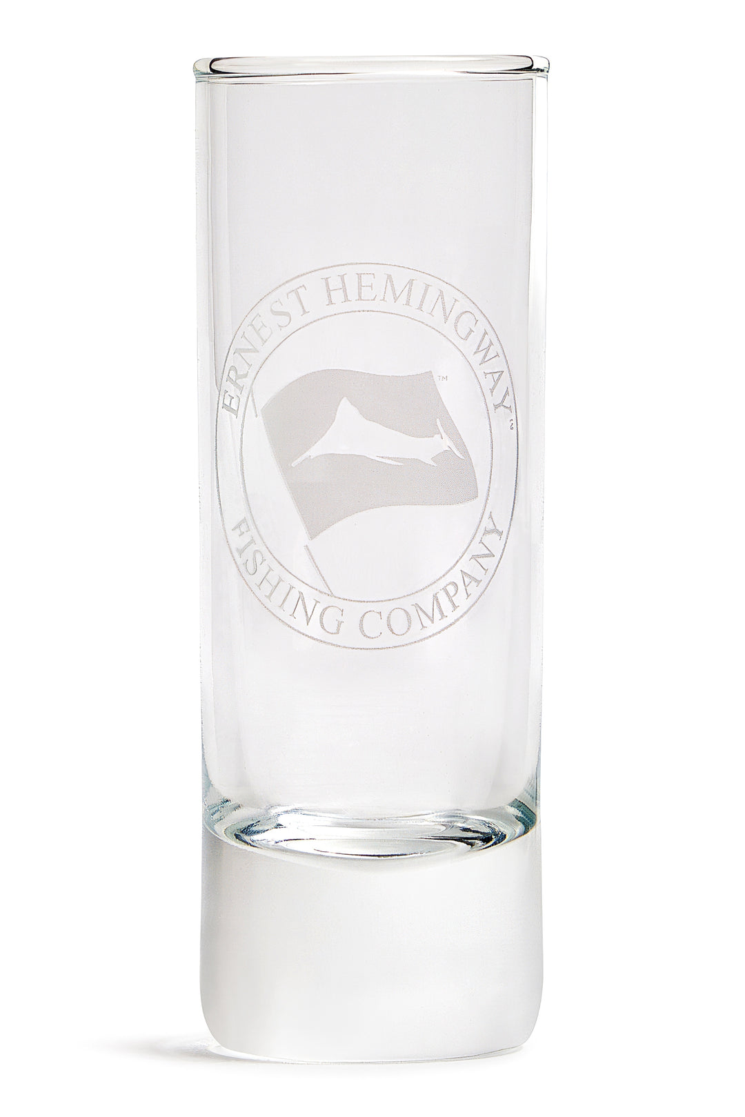 Ernest Hemingway shot glass, a two ounce shooter with a thick sham base and the EHFC banner logo
