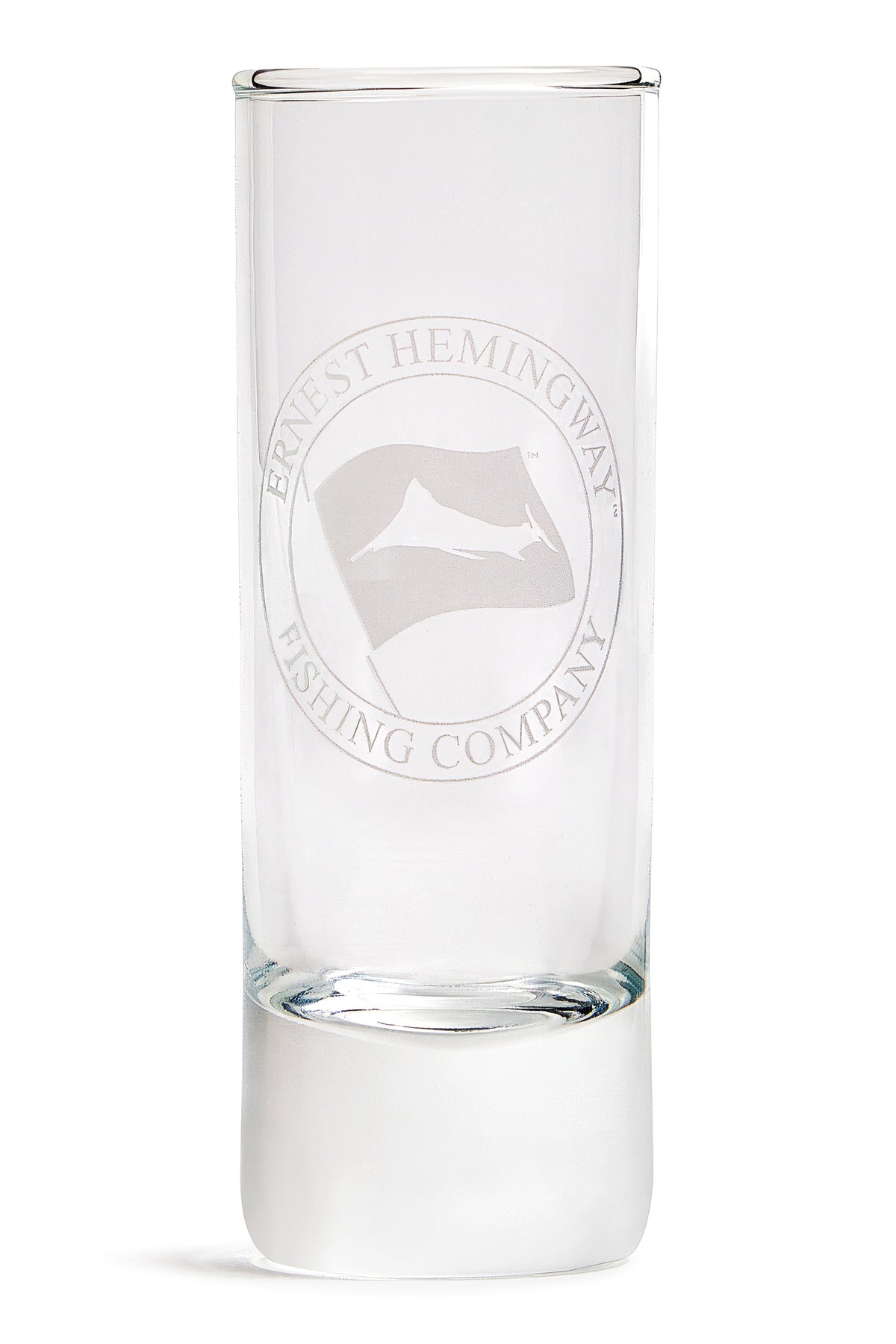 Ernest Hemingway shot glass, a two ounce shooter with a thick sham base and the EHFC banner logo