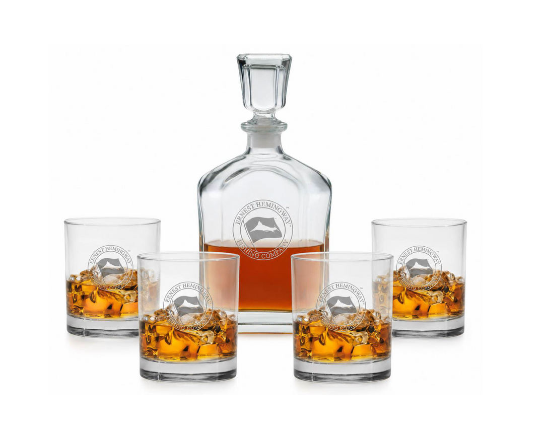 Ernest Hemingway decanter set with a decanter and four double old fashioned glasses in a presentation box