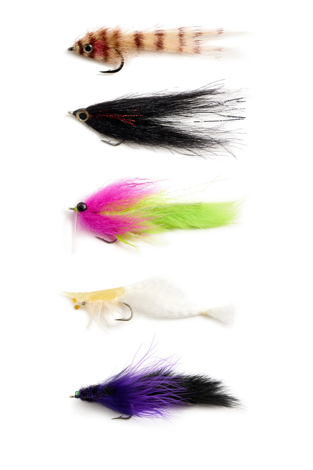 The five flies of the Hemingway Backcountry Fly Set laid out in a row
