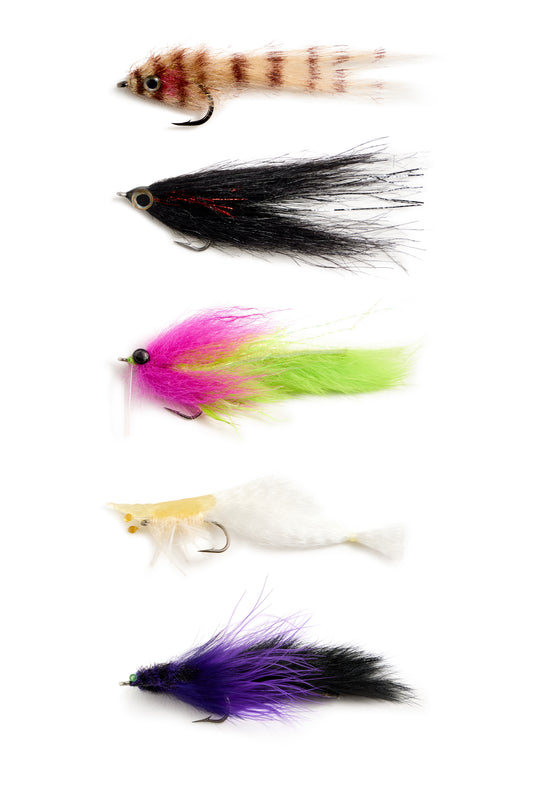 The five flies of the Hemingway Backcountry Fly Set laid out in a row