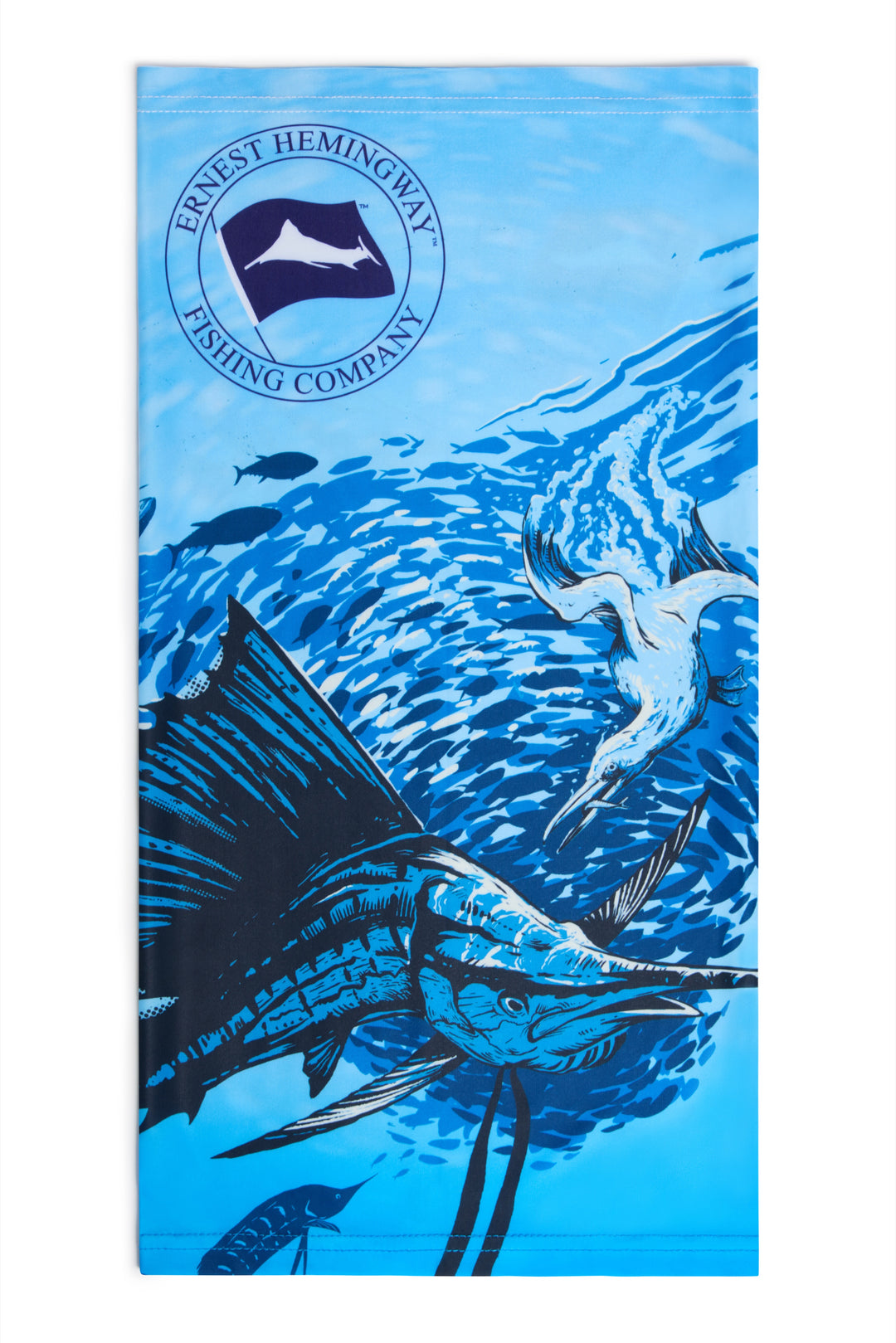 Hemingway Bait Ball Gaiter laid flat, sailfish driving into a bait ball with a diving seabird above