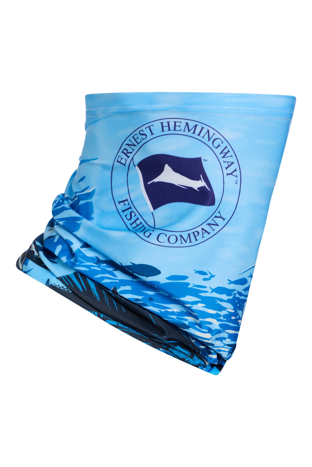Hemingway Bait Ball Gaiter folded, showing the circle Historic Marlin logo above the schooling bait