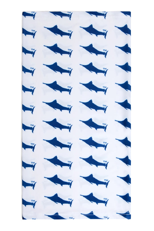 Hemingway Historic Marlin Gaiter laid flat, navy marlin silhouettes repeated across a white ground