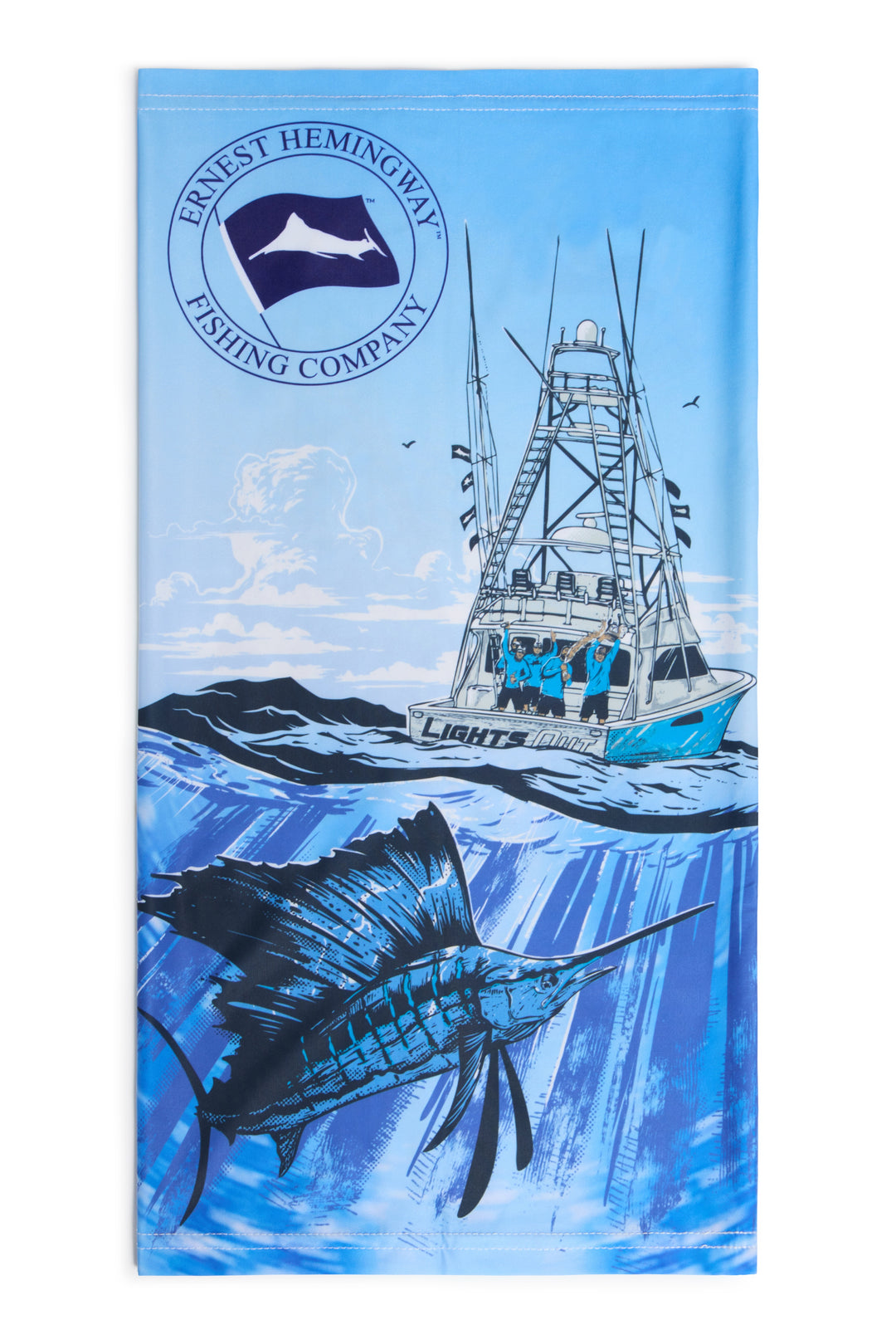 Hemingway Hook Up Gaiter laid flat, sportfisher above the waterline and a sailfish running below