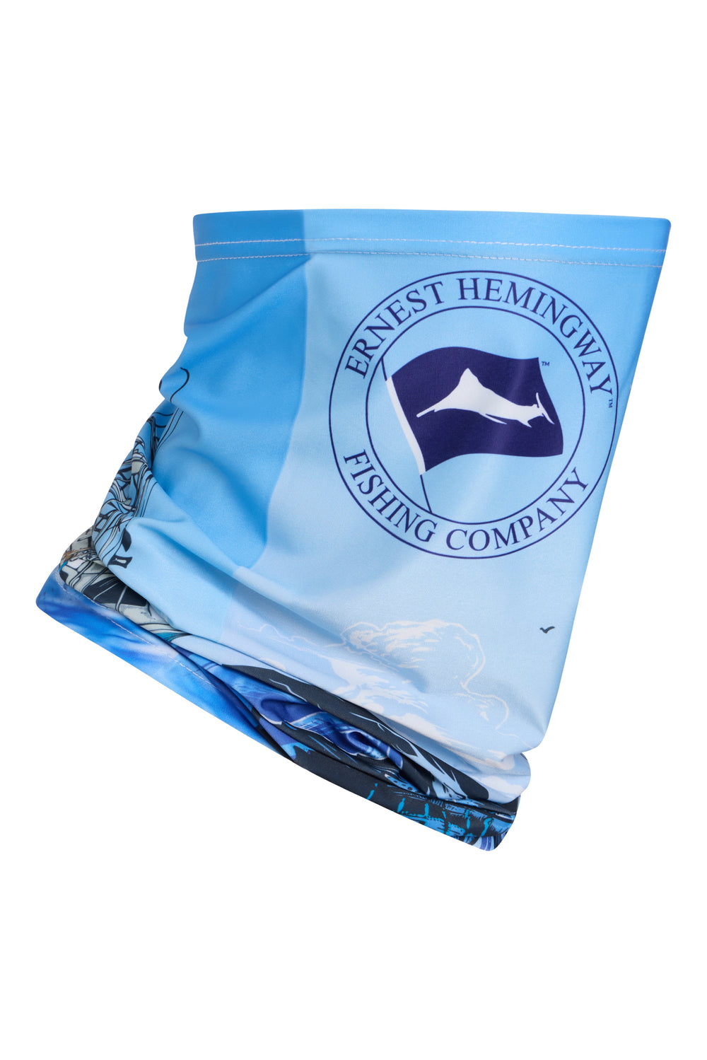Hemingway Hook Up Gaiter folded, showing the circle Historic Marlin logo against the sky